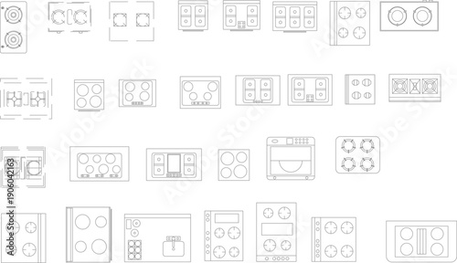 Set of technical vector drawings for architecture and interior design, featuring furniture layouts, electronics, and fireplaces.