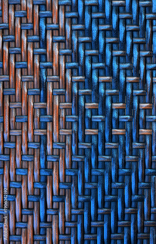 Texture of wicker furniture of rattan, blue orange rattan handmade texture with wavelike ornament