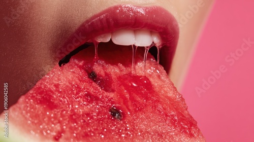 Wallpaper Mural Closeup person biting juicy watermelon chunk, dramatic lighting and saturated reds, aggressive bite and dripping juice create indulgent commercial mood, model action evokes advertising and editorial Torontodigital.ca