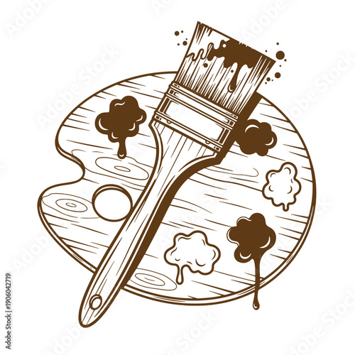 Grunge texture Paint brush on a wooden palette with paint splatters and drops  art supplies Vintage Style