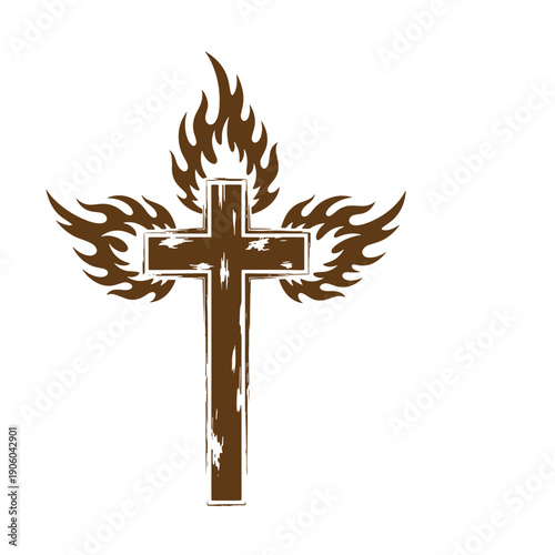 Vintage Grunge A cross with flames on a white background symbolizing faith and spirituality in a simple yet powerful design