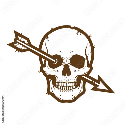 Vintage Grunge A human skull with an arrow piercing through its head isolated on a plain background