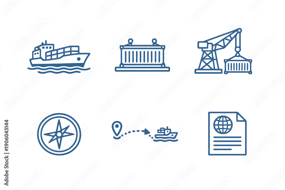 Obraz premium Set of six shipping and maritime logistics icons in line style. Editable stroke vector collection designed for UI, ports, cargo transport and global trade systems.