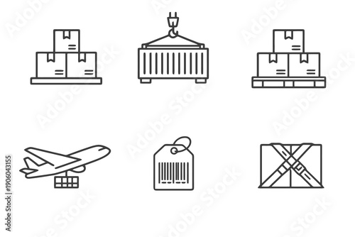 Cargo line icon set with six editable stroke vector symbols. Clean outline style for freight transport, cargo handling, logistics dashboards and shipping platforms.