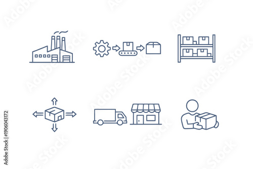 Supply chain line icon set with six editable stroke vector symbols. Clean outline style for logistics planning, inventory flow, dashboards and commerce web interfaces.