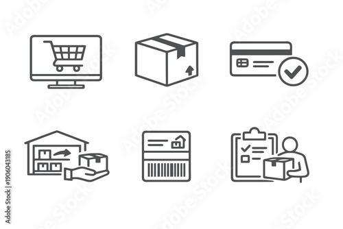 Set of six ecommerce logistics and order fulfillment icons in line style. Editable stroke vector collection designed for UI, online commerce, shipping systems and digital retail platforms.