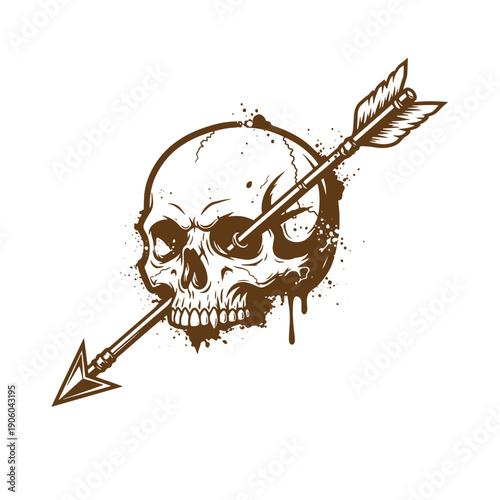 Vintage Grunge A skull with an arrow piercing through it in a sepia tone on a white background
