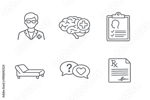 Medical psychology line icon set with six editable stroke vector symbols. Clean outline style for clinics, healthcare platforms, diagnostics and mental health web interfaces.