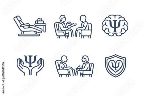Psychology line icon set with six editable stroke vector symbols. Clean outline style for mental health services, therapy platforms, clinics and healthcare web interfaces.