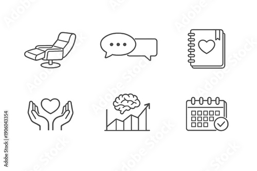 Counseling and therapy line icon set with six editable stroke vector symbols. Clean outline style for therapy platforms, mental health apps, scheduling tools and clinics.