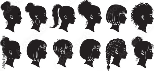female hairstyle set ,Collection of diverse female hairstyles and profiles in silhouette