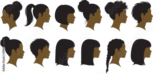 Diverse hairstyles shown in profile silhouettes of women and girls