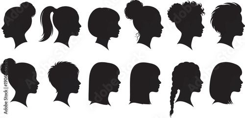 Head Silhouette set, Diverse Collection of Female Head Silhouettes Showcasing Varied Hairstyles and Unique Profiles