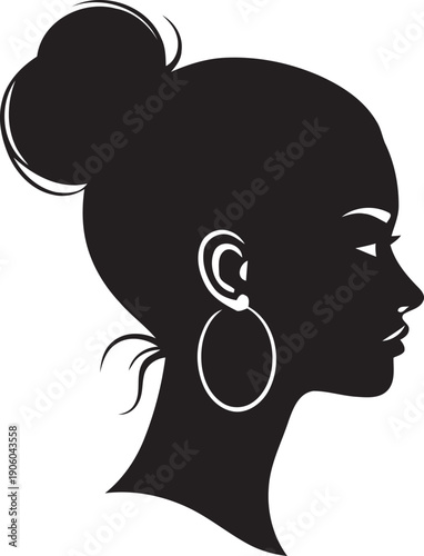 Striking minimalist silhouette of a woman in profile, featuring a classic bun hairstyle and a prominent hoop earring, symbolizing modern feminine grace