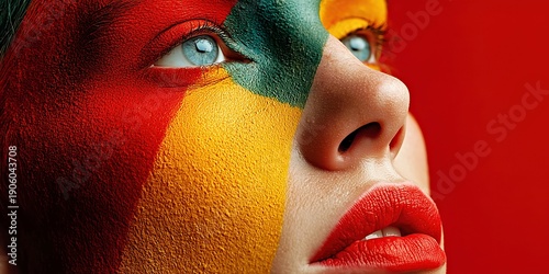 Artistic profile portrait of person with geometric red yellow and green face paint for concept art.

