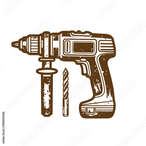 Grunge texture Brown electric drill with a drill bit and screwdriver bit on white background Vintage Style