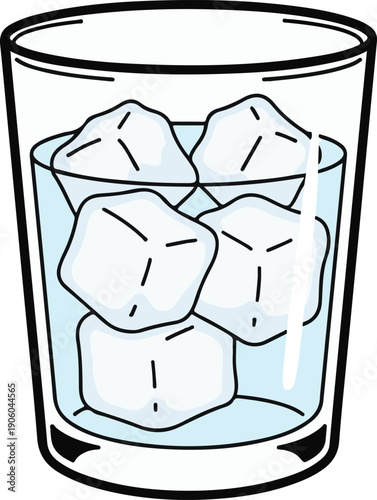 Glass of water with ice cubes, outlined flat vector illustration