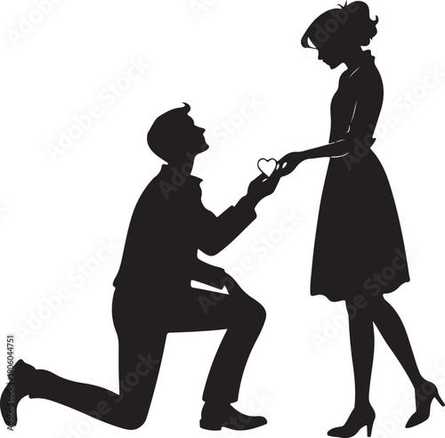 Valentines Day 14 February Proposal Couple Silhouette Black Minimal Vector Isolated Transparent Background Romantic Engagement Illustration Design