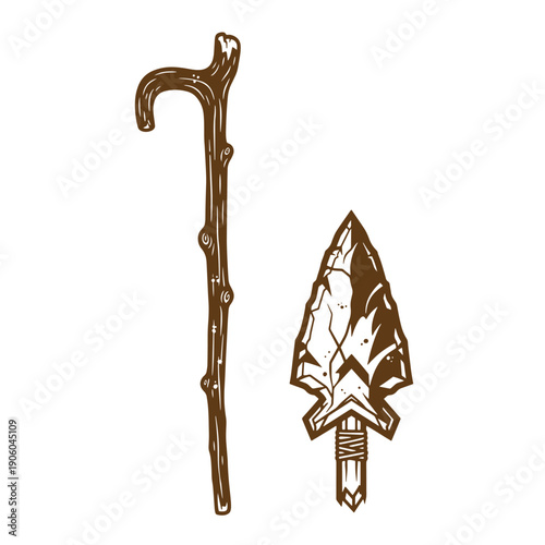 Grunge texture Hand drawn illustration of a hunting arrow and cane on a white background Vintage Style