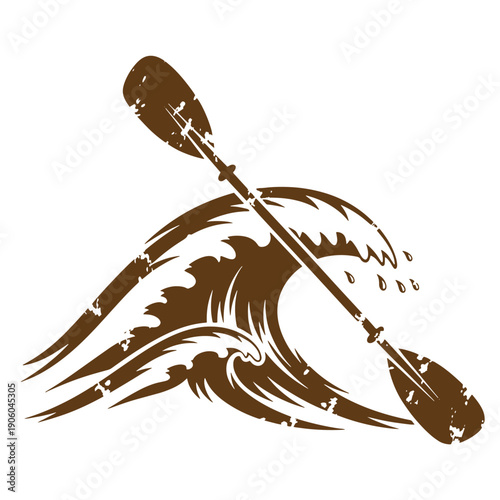 Grunge texture Kayak paddle crossed over wave illustration in brown color on white background Vintage Style