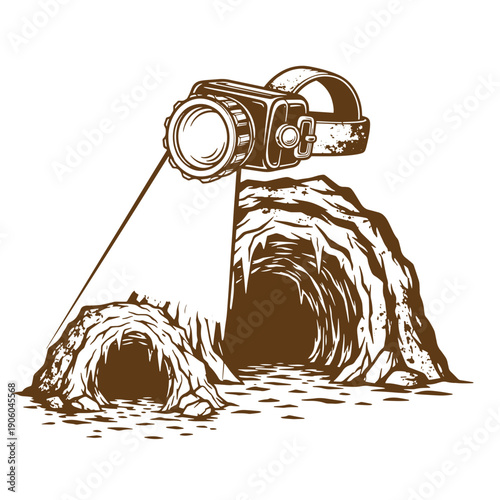 Grunge texture Sepia illustration of a vintage camera on a tripod standing in front of two rocky tunnels  symbolizing exploration and photography in rugged terrain Vintage Style