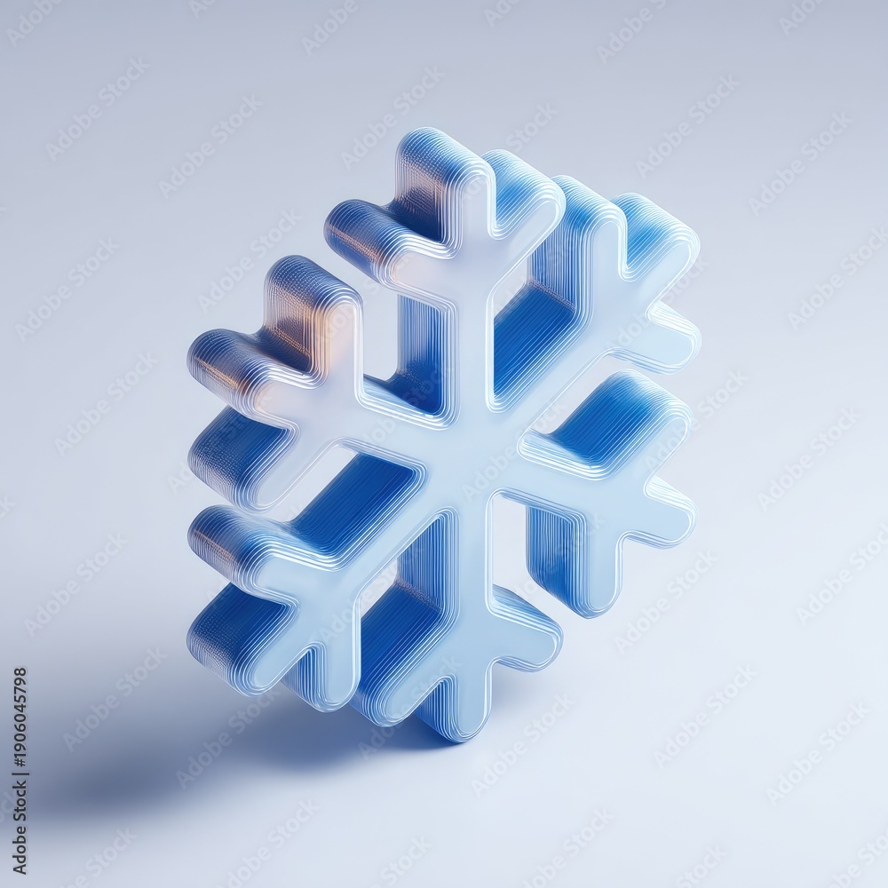 Obraz premium A 3D rendered snowflake with a gradient blue hue, slightly angled on a light background