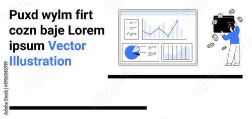 Dashboard with graphs, charts showing data. Person holding wallet with coins falling. Ideal for finance, analytics, technology, data analysis, investments, business growth simple landing page