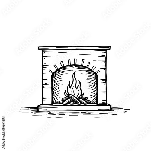 Hand-drawn fireplace with firewood and flames in simple outline style  