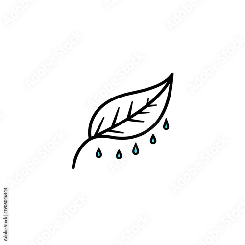 Leaf with water droplets illustrated in minimalist style  