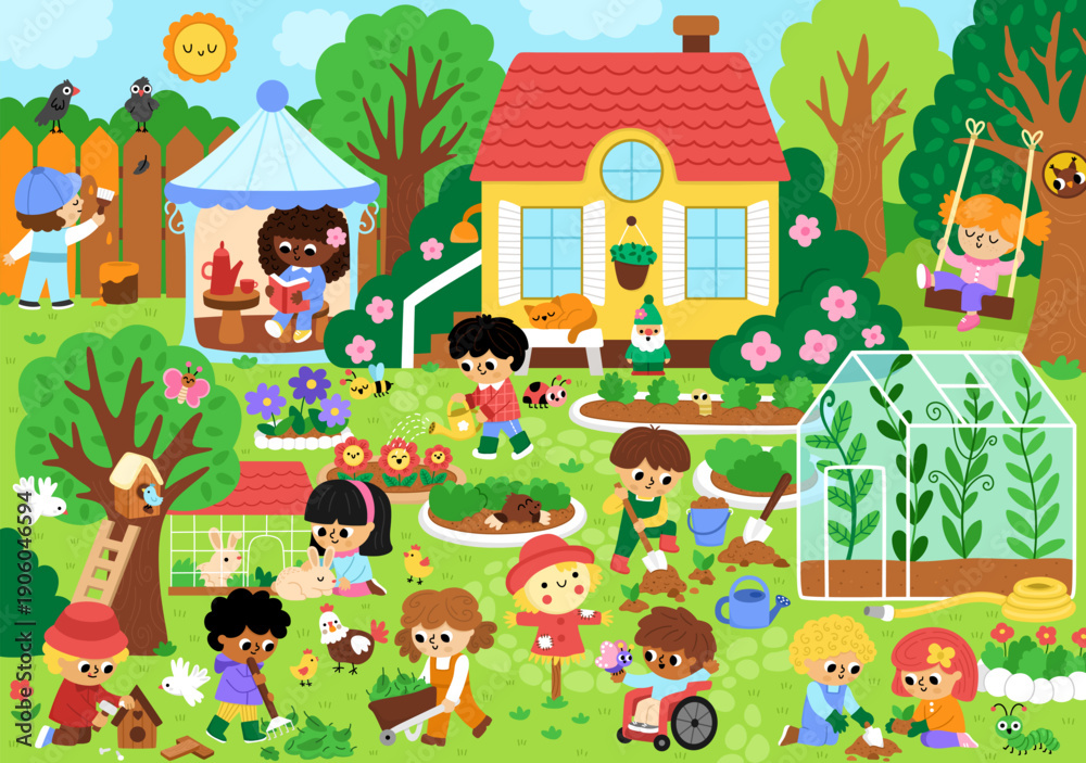 Obraz premium Vector garden landscape. Country house detailed scene with trees, greenhouse, flower beds, kids doing gardening work, growing plants. Cute spring nature background with children gardeners