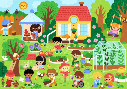 Vector garden landscape. Country house detailed scene with trees, greenhouse, flower beds, kids doing gardening work, growing plants. Cute spring nature background with children gardeners