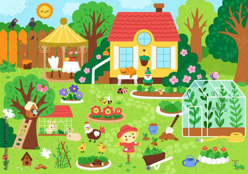 Vector empty garden landscape. Country house detailed scene with trees, greenhouse, flower beds, growing plants, pergola. Cute spring nature background with birds, birdhouse, scarecrow