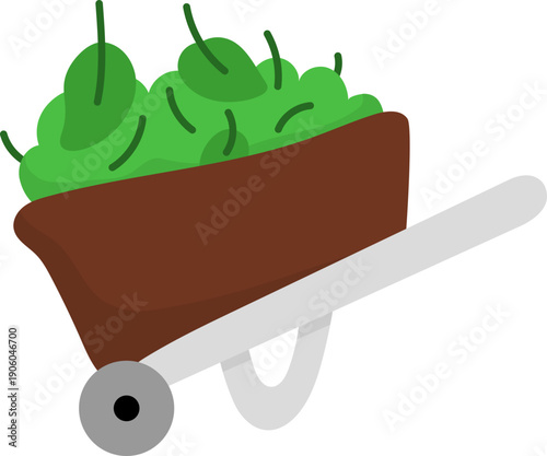 Vector brown wheel barrow with foliage and greenery isolated on white background. Flat spring garden tool illustration. Gardening equipment icon