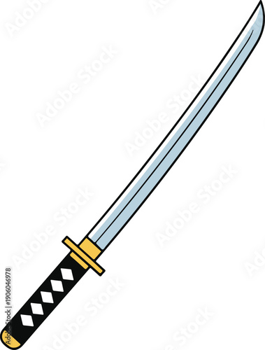 Traditional Japanese katana with a slender silver blade and detailed black hilt, hand-drawn style vector illustration