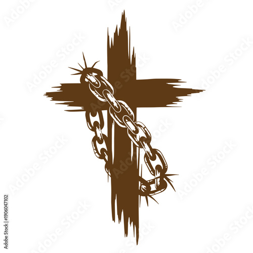Vintage Grunge A brown cross with a chain wrapped around it on a white background