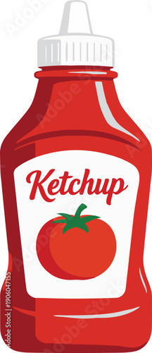 Red plastic squeeze bottle of tomato ketchup with a white label, clean flat vector illustration