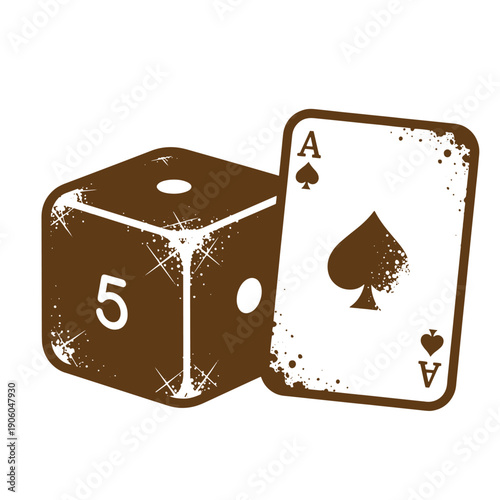 Grunge texture Brown grungy illustration of a five dice and an ace of spades playing card on white background Vintage Style