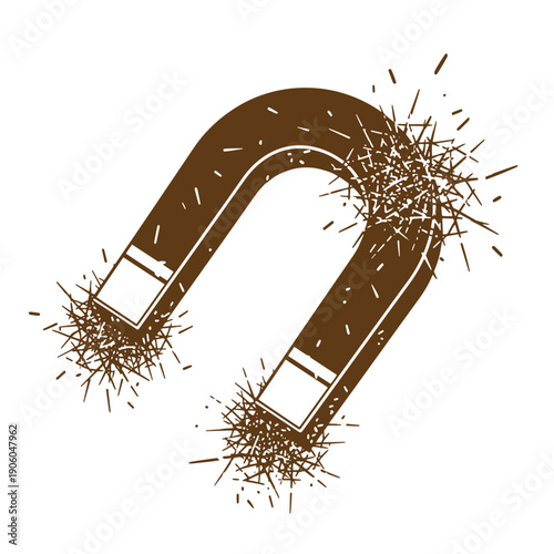 Grunge texture Brown horseshoe magnet attracting metal filings on white background  magnetic field concept Vintage Style