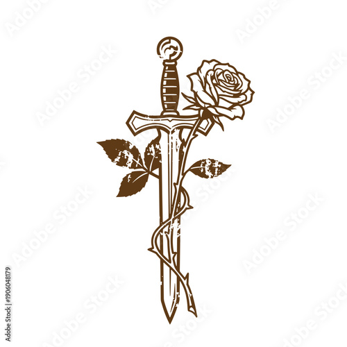 Grunge texture Brown sword and rose flower with leaves crossed together on white background Vintage Style