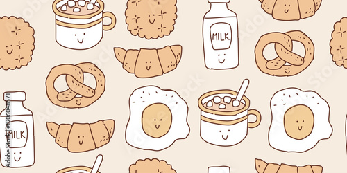 Seamless cute kids food pattern in warm beige tones