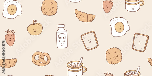 Seamless cute kids food pattern in warm beige tones