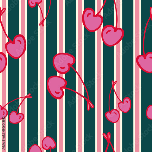 Dark forest green and hot pink cherry pattern with stripes, high contrast modern botanical fruit background for edgy fashion prints, stationary and trendy interior decor