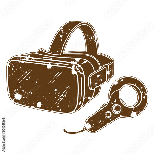 Grunge texture Virtual reality headset and controller illustration in a distressed style with grunge effect on white background Vintage Style