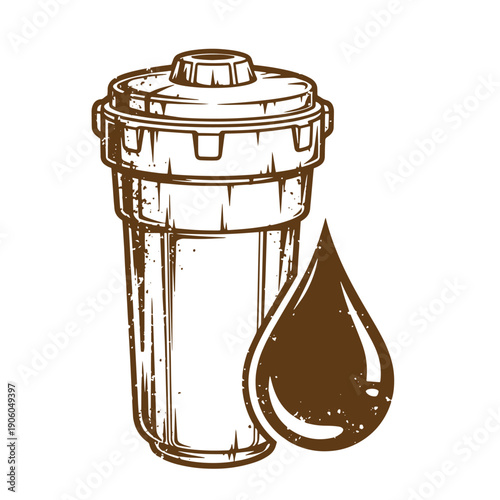 Grunge texture water filter cartridge with a water drop Vintage Style