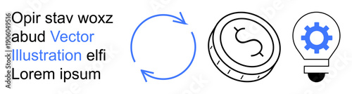 Innovation, finance, technology, sustainability, business solutions, creativity. Circular arrows, dollar coin lightbulb with gear. Innovation and finance concepts for modern systems and progress