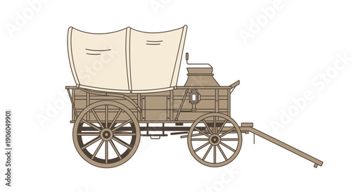 Detailed illustration of an antique wooden covered wagon with large spoked wheels and a light canvas top.