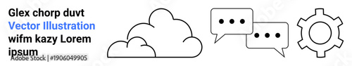 Cloud next to chat bubbles and a gear icon signifying data, teamwork, and technology. Ideal for cloud computing, collaboration, online tools, tech concepts, innovation, digital transformation