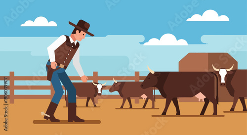 A cartoon illustration of a cowboy tending to his herd of brown cows on a sunny ranch.