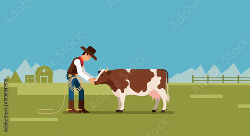 A cowboy gently interacts with a brown and white cow in a green pasture with a barn and mountains.