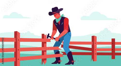 A man dressed as a cowboy is diligently hammering a wooden fence post to fix a broken section in a rural setting.
